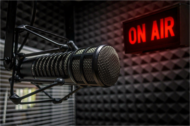 Microphone and stage lights representing live music station broadcasting